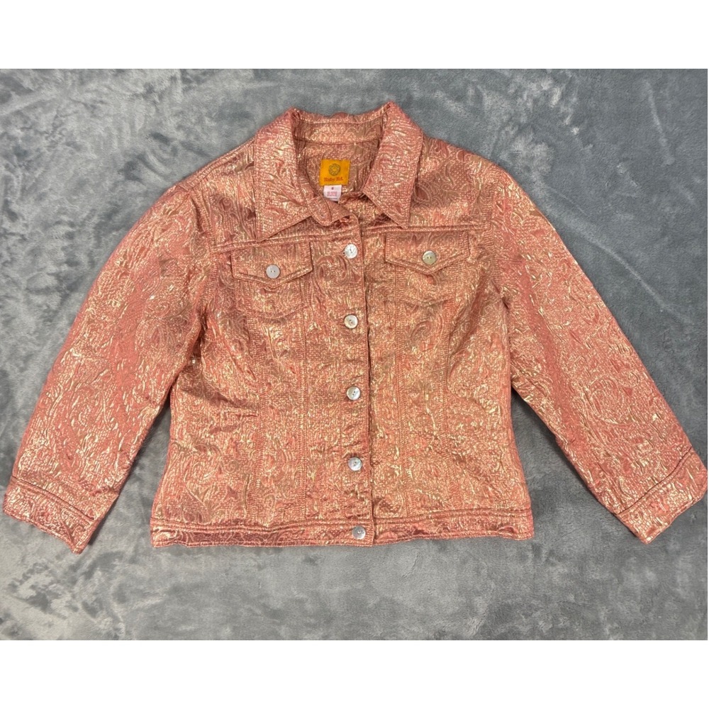 Ruby Rd. Womens Rose Gold Metallic Paisley Button Up Trucker Jacket Blazer Sz 8